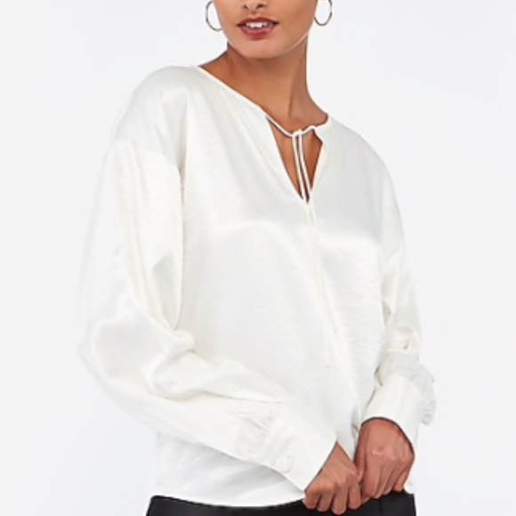 Express White Shiny Tie Neck Blouse - Picture 1 of 8